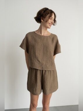 SOMETHING TO HOLD Boxy Blouse Tumbled French Linen Cardamon Brown Medium VGUC